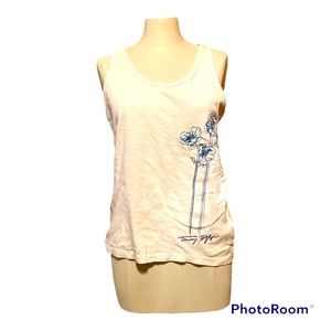 Tommy Hilfiger womens L white with blue embroidered flower cotton scoopneck tank